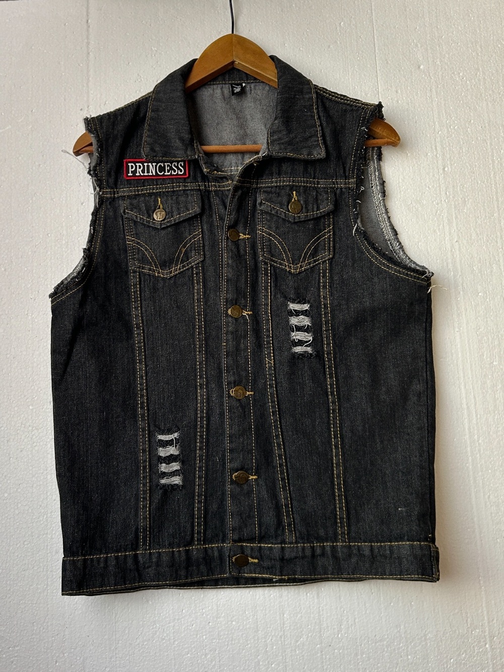 Unbranded Rugged Dark Wash Denim Vest. Detailing Custom Princess Patch. Size Lg.